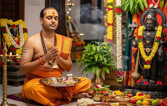 Pandit performing Vedic rituals during online puja